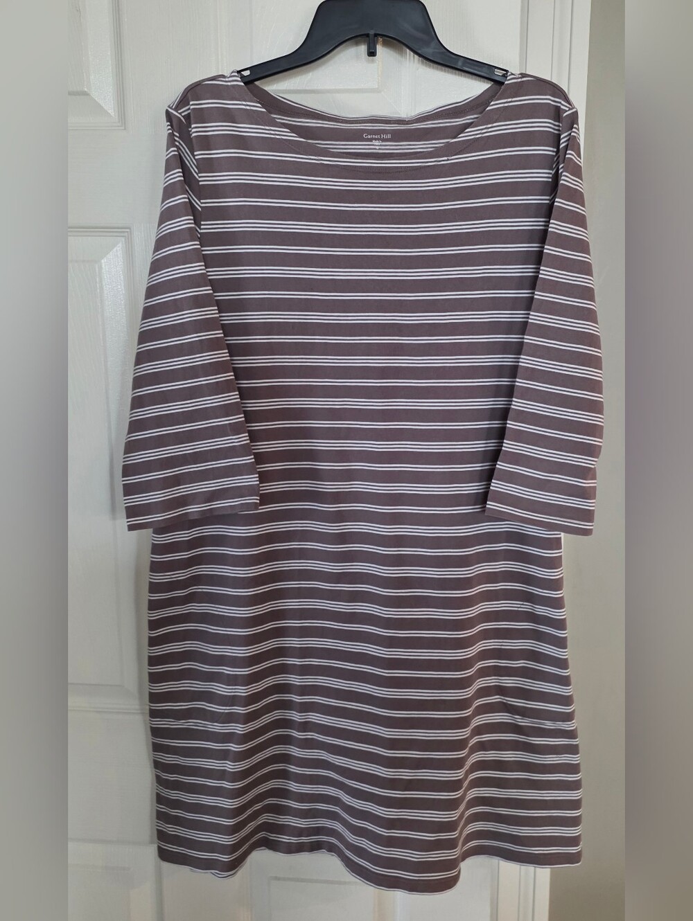 Garnet Hill Brown Bateau Neck Stripe Organic Cotton Dress 18
